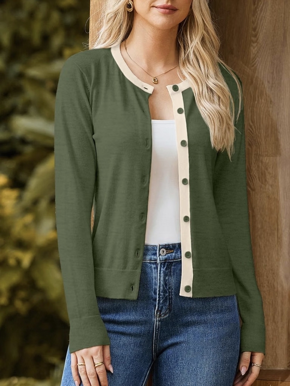 Olive Green Contrast-Trim Button-Front Cardigan
